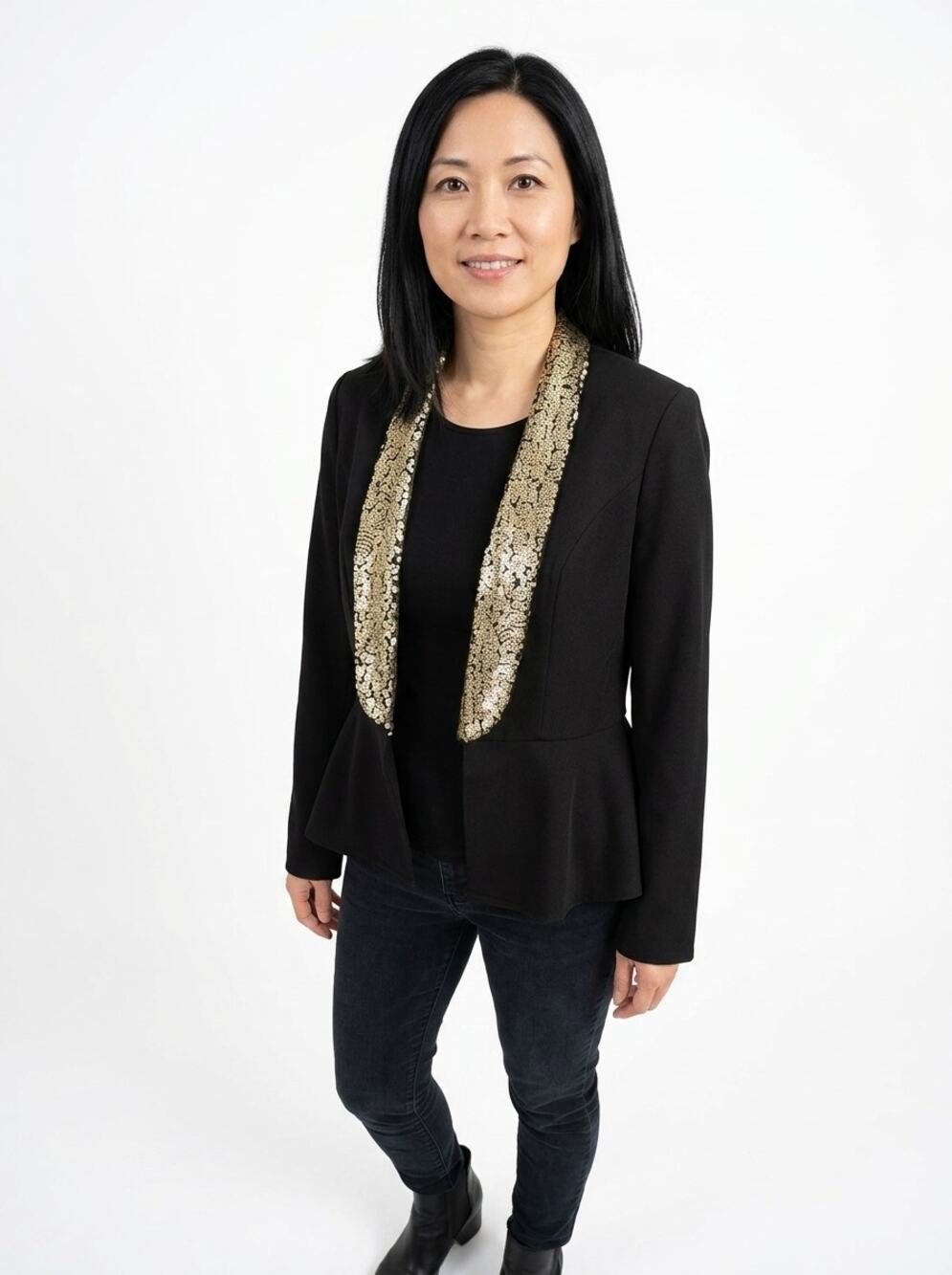 Mandee Black Gold Sequin Shawl Collar Peplum Open Front Jacket Women Size L